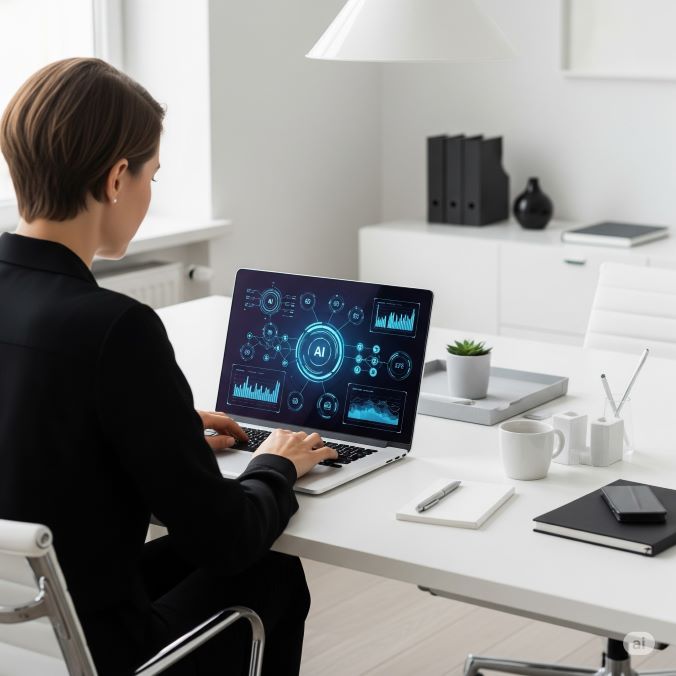 Person am Schreibtisch lernt mit AI-Unterstützung am Laptop